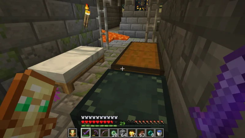A bed and chest prepared beside the stronghold's portal room A bed and chest prepared beside the stronghold's portal room