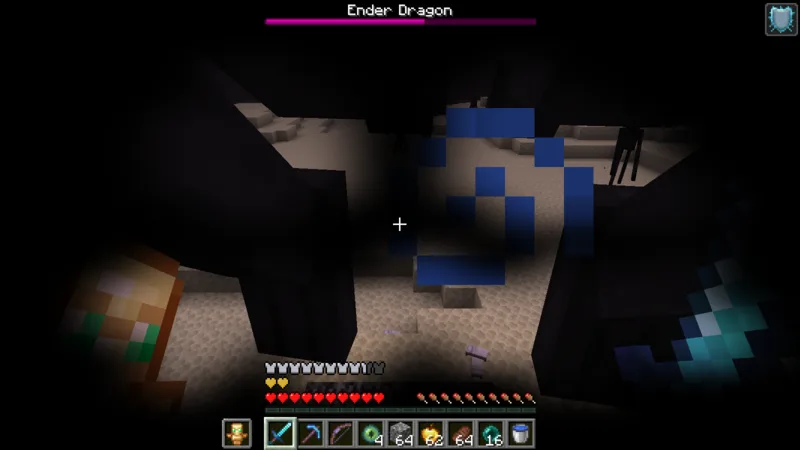 The suited man attacking the Ender Dragon with a sword when it perches at the center The suited man attacking the Ender Dragon with a sword when it perches at the center