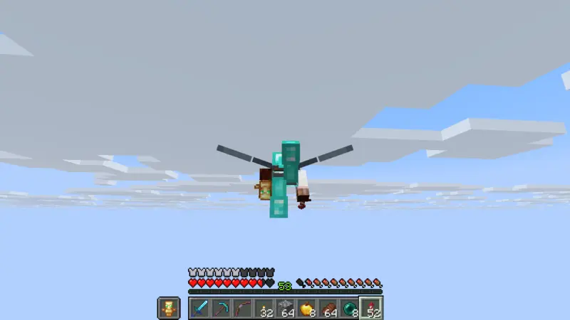 The suited man flying with Elytra spread beneath a blue sky The suited man flying with Elytra spread beneath a blue sky