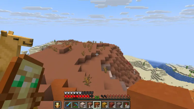 Six types of terracotta in the hotbar with a camel at the left of the Mesa view Six types of terracotta in the hotbar with a camel at the left of the Mesa view