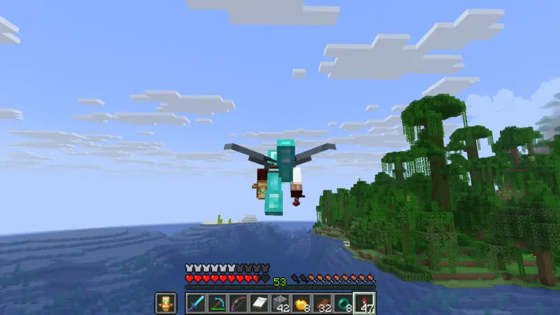 The suited man flying with Elytra above the sea and jungle The suited man flying with Elytra above the sea and jungle