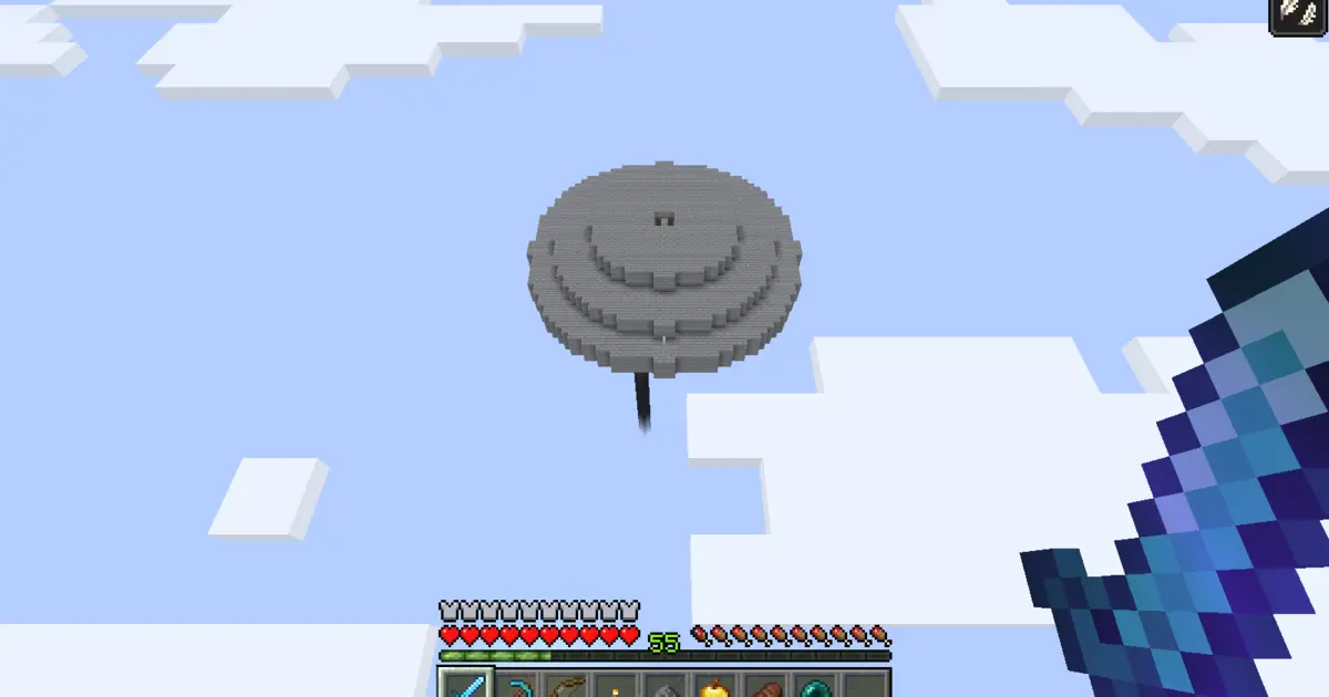 A completed three-level ocean creeper farm seen from above near the clouds