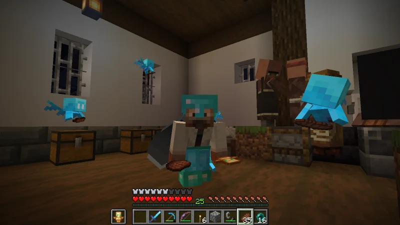 The suited man surrounded by rescued Allays in the castle-town shelter The suited man surrounded by rescued Allays in the castle-town shelter