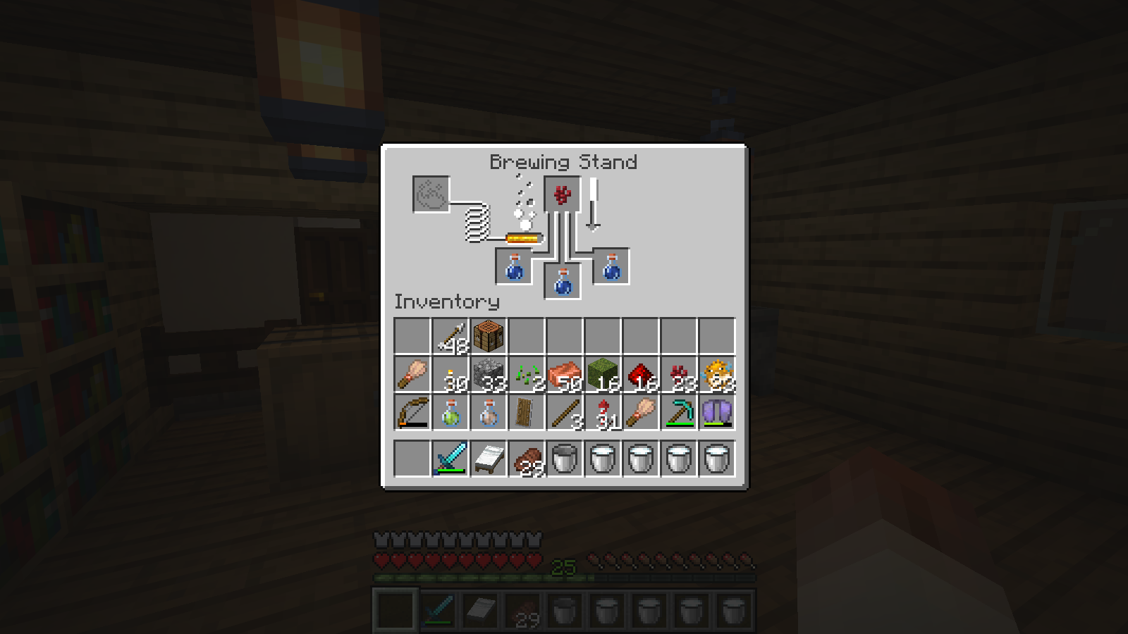 A brewing stand with three water bottles and Nether Wart A brewing stand with three water bottles and Nether Wart