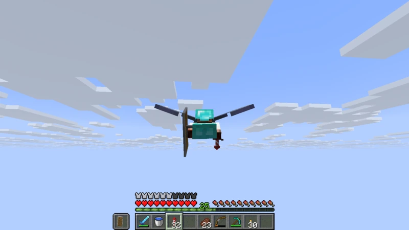 The man flying through a blue sky with clouds, seen from behind