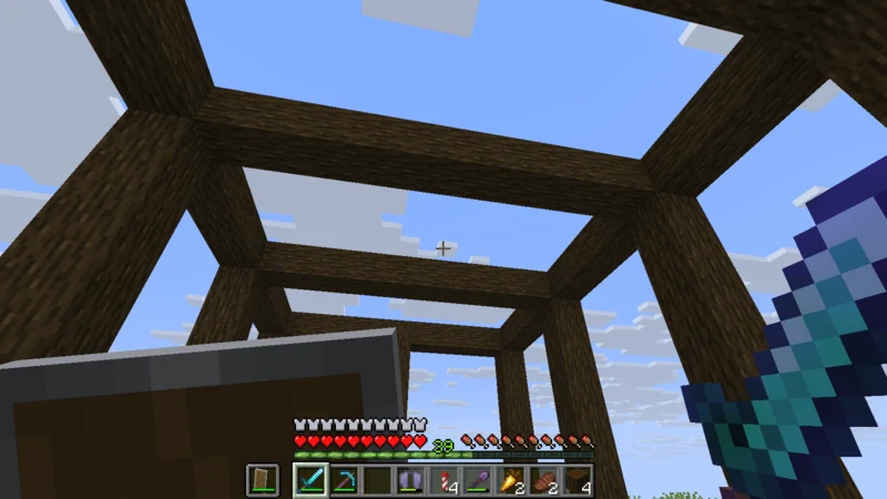 Looking up from inside at thick wooden beams with open sky between them Looking up from inside at thick wooden beams with open sky between them