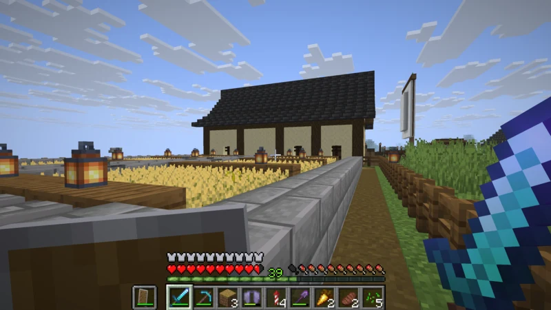 Golden wheat plots with the tile-roofed hut behind them, viewed from the northeast Golden wheat plots with the tile-roofed hut behind them, viewed from the northeast