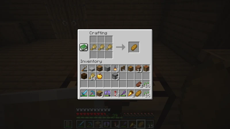 The bread recipe on a crafting table, with three wheat in a row and one loaf on the right The bread recipe on a crafting table, with three wheat in a row and one loaf on the right