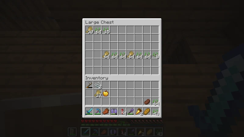 Thirty wheat and stacks of 64 and 15 seeds at the top left of the north large chest Thirty wheat and stacks of 64 and 15 seeds at the top left of the north large chest