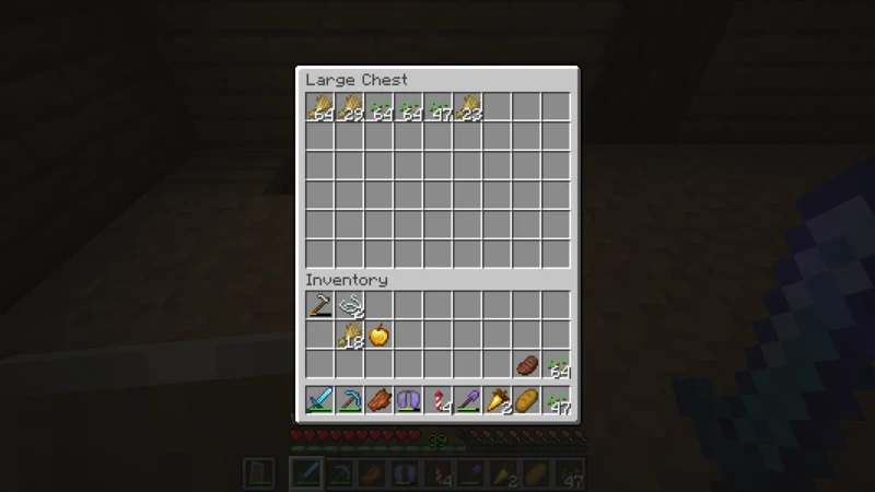 Wheat and seeds from earlier harvests and the latest plot together in the south large chest Wheat and seeds from earlier harvests and the latest plot together in the south large chest