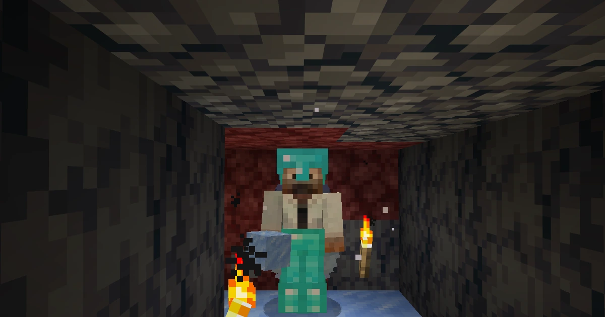 Standing at a corner of the Nether boat road, holding packed ice above the icy floor